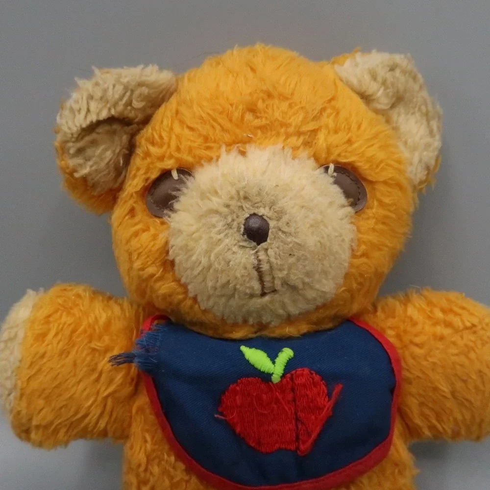 1975 Fisher Price Orange Teddy Bear Plush Stuffed Animal Apple Bib Squeaks #418‎